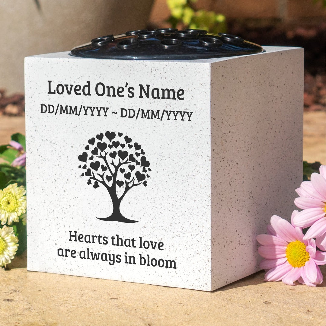 Personalised Memorial Vase - Hearts That Love Are Always in Bloom Graveside Flower Tribute