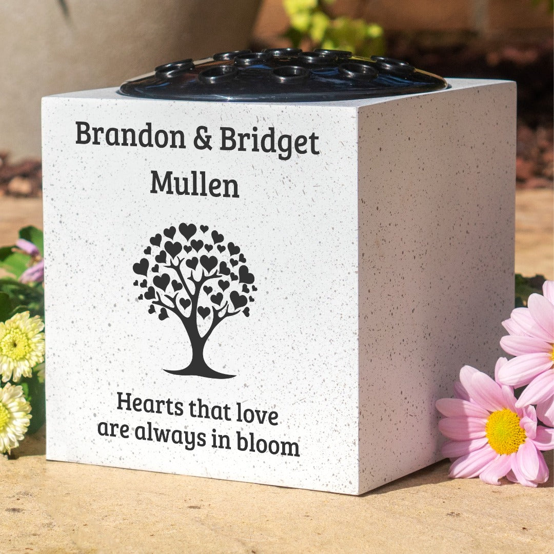 Personalised Memorial Vase - Hearts That Love Are Always in Bloom Graveside Flower Tribute