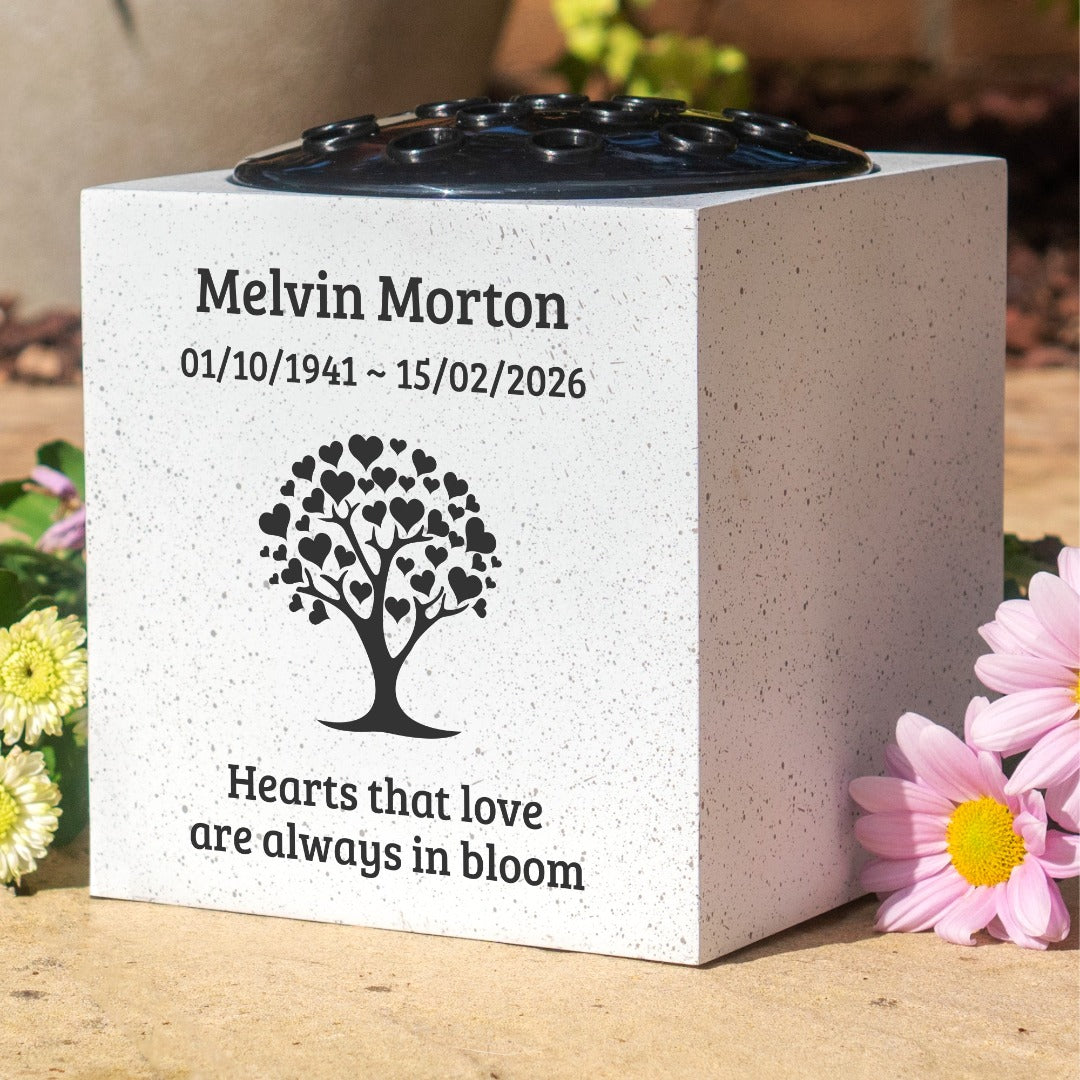 Personalised Memorial Vase - Hearts That Love Are Always in Bloom Graveside Flower Tribute