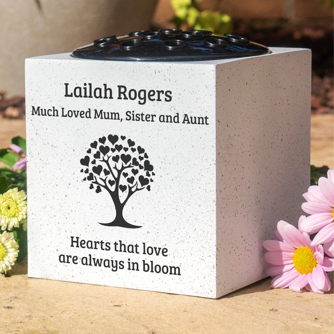 Personalised Memorial Vase - Hearts That Love Are Always in Bloom Graveside Flower Tribute
