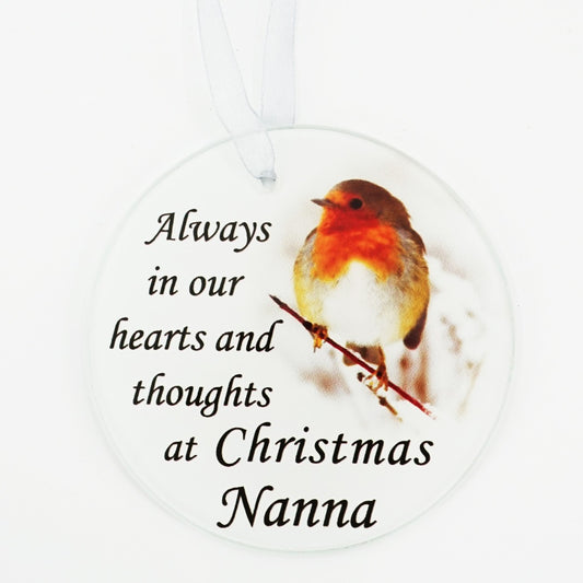 Nanna Christmas robin round glass memorial tree decoration