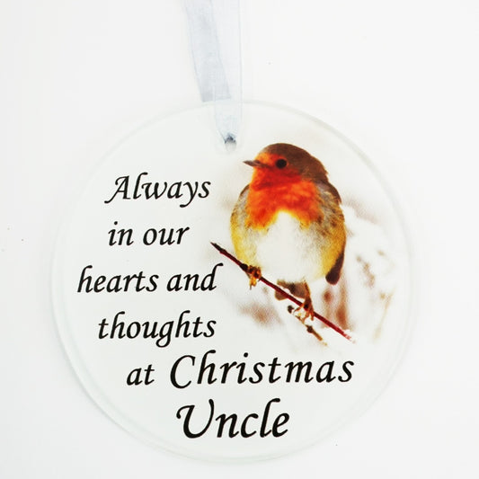 Uncle Christmas robin round glass memorial tree decoration
