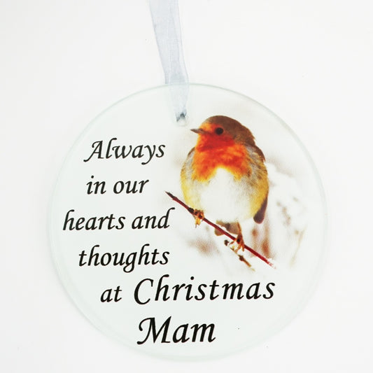 Mam Christmas robin round glass memorial tree decoration