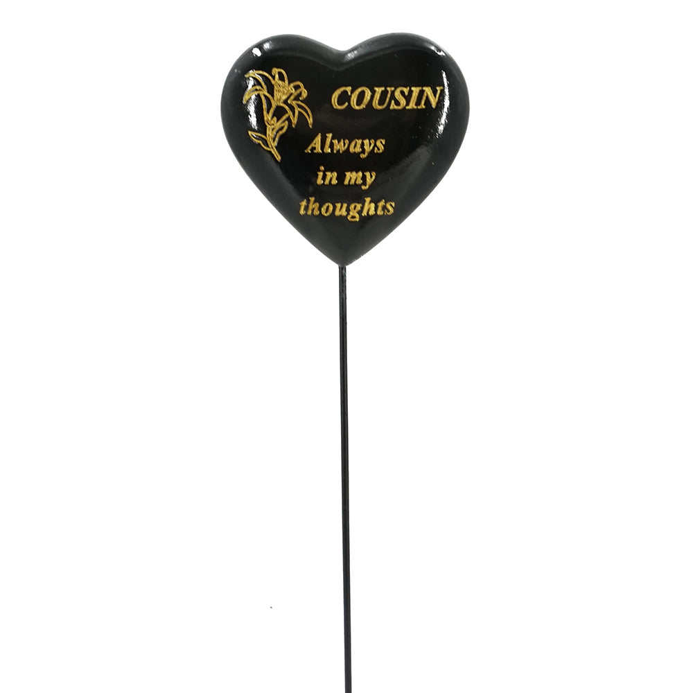 Cousin black and gold lily heart memorial tribute stick front view
