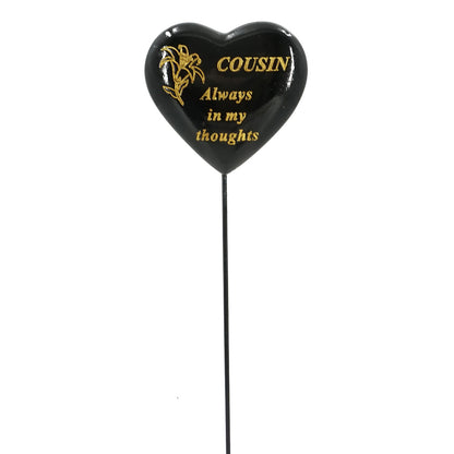 Cousin black and gold lily heart memorial tribute stick front view