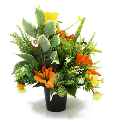 Birch Yellow Rose & Orange Lily Artificial Flower Memorial Arrangement