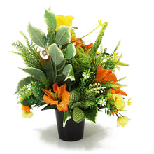 Load image into Gallery viewer, Birch Yellow Rose &amp; Orange Lily Artificial Flower Memorial Arrangement