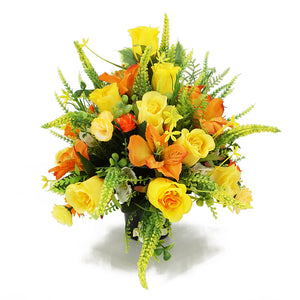 Birch Yellow Rose & Orange Lily Artificial Flower Memorial Arrangement