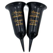 Load image into Gallery viewer, Set of 2 Black and Gold Forever in Our Hearts Fluted Spiked Memorial Grave Flower Vases