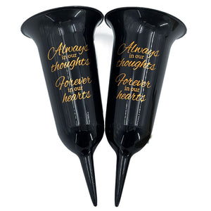 Set of 2 Black and Gold Forever in Our Hearts Fluted Spiked Memorial Grave Flower Vases