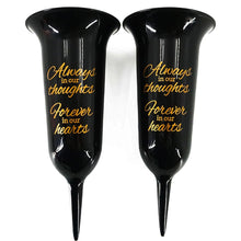 Load image into Gallery viewer, Set of 2 Black and Gold Forever in Our Hearts Fluted Spiked Memorial Grave Flower Vases