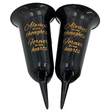 Load image into Gallery viewer, Set of 2 Black and Gold Forever in Our Hearts Fluted Spiked Memorial Grave Flower Vases