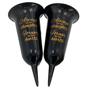 Set of 2 Black and Gold Forever in Our Hearts Fluted Spiked Memorial Grave Flower Vases