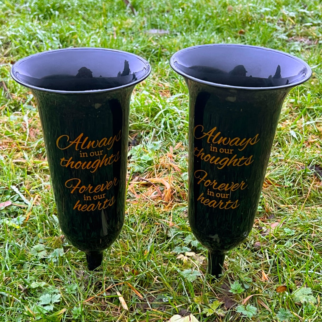Set of 2 Black and Gold Forever in Our Hearts Fluted Spiked Memorial Grave Flower Vases