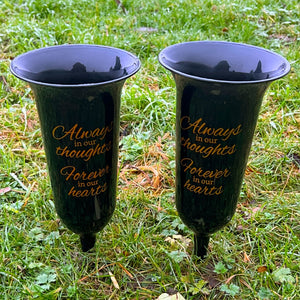 Set of 2 Black and Gold Forever in Our Hearts Fluted Spiked Memorial Grave Flower Vases