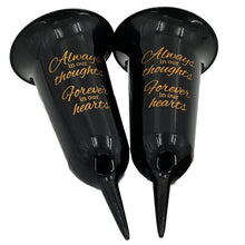 Load image into Gallery viewer, Set of 2 Black and Gold Forever in Our Hearts Fluted Spiked Memorial Grave Flower Vases