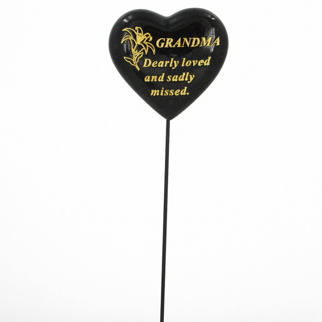 Special Grandma black and gold lily heart tribute stick front view