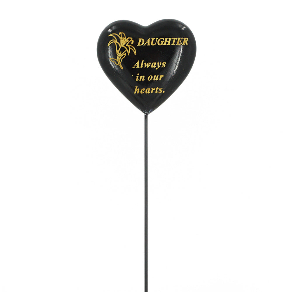 Special Daughter black and gold lily heart tribute stick front view