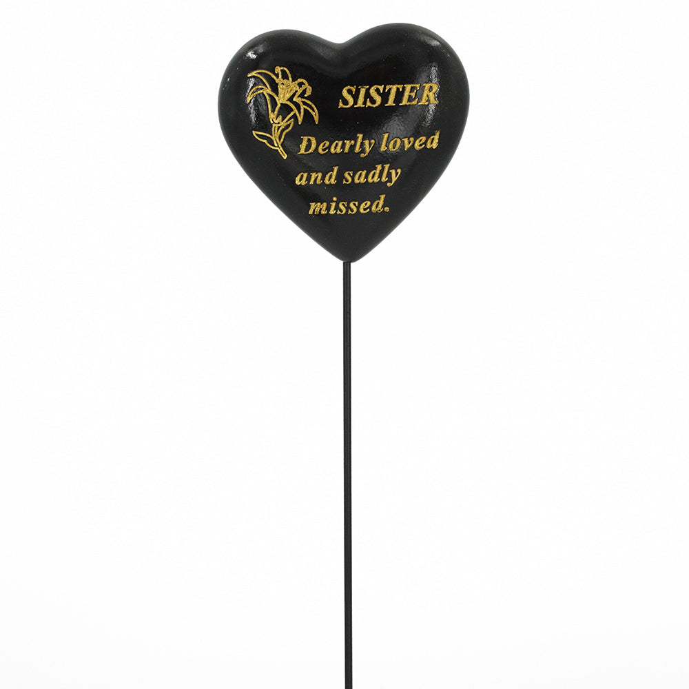 Special Sister black and gold lily heart tribute stick front view