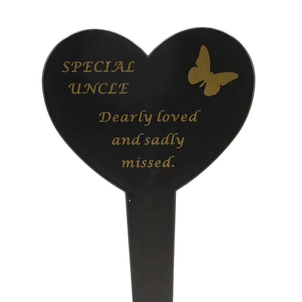 Special Uncle black heart memorial ground stake with gold butterfly
