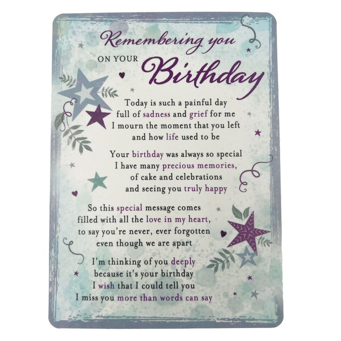 Remembering You on Your Birthday Memorial Remembrance Card Verse Plastic Coated Grave Graveside