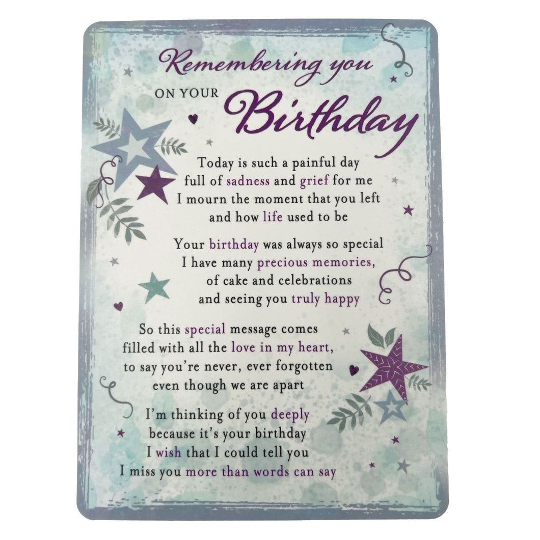 Remembering You on Your Birthday Memorial Remembrance Card Verse Plastic Coated Grave Graveside