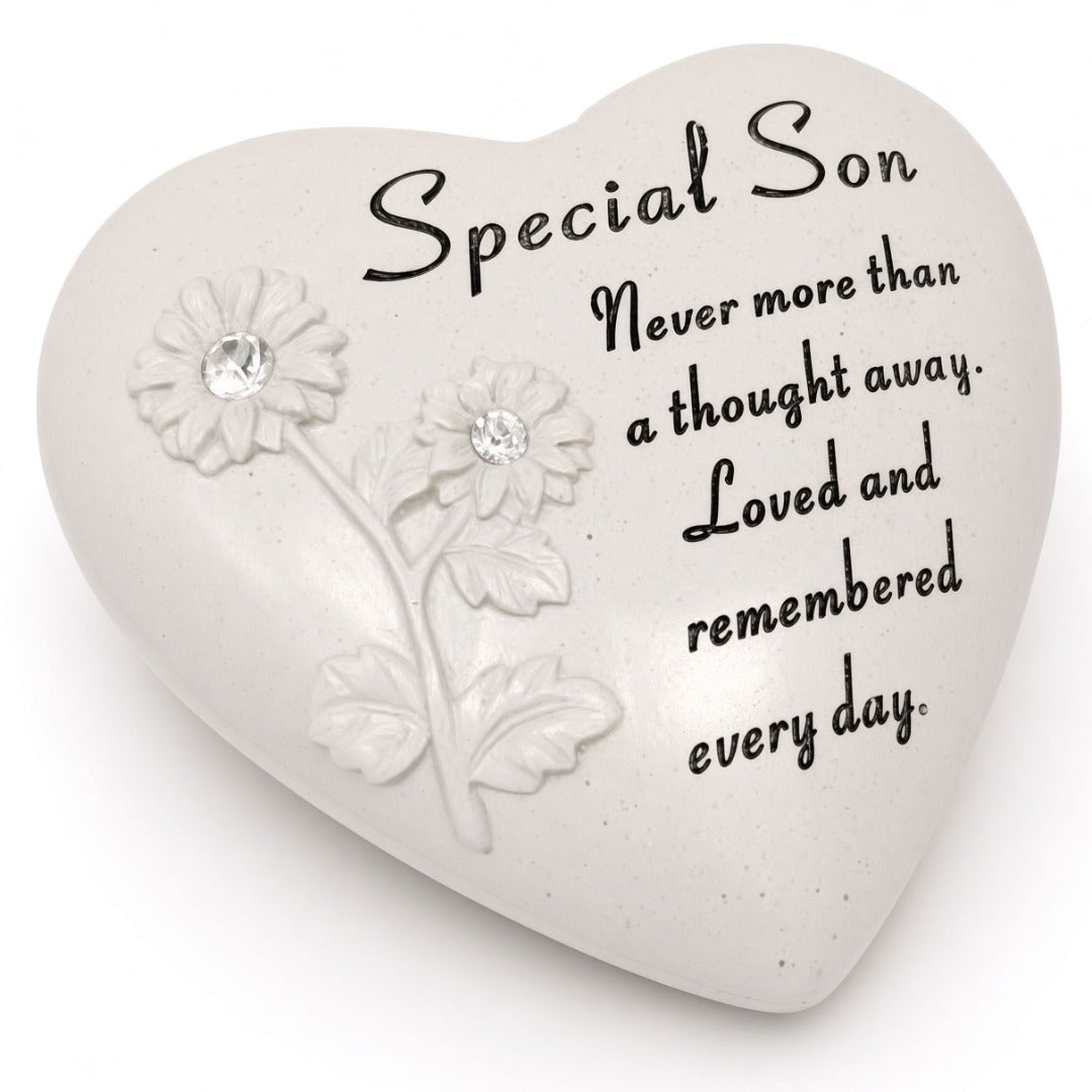 Special Son Flower Diamante Heart Graveside Memorial Ornament Plaque With Verse