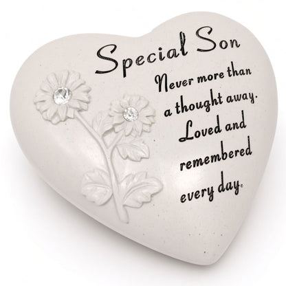Special Son Flower Diamante Heart Graveside Memorial Ornament Plaque With Verse