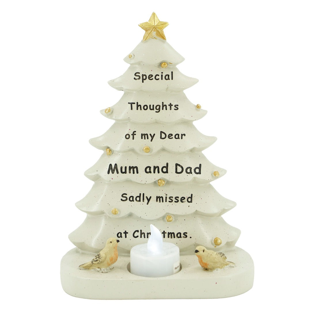 Mum and Dad Christmas tree and robin LED tealight plaque