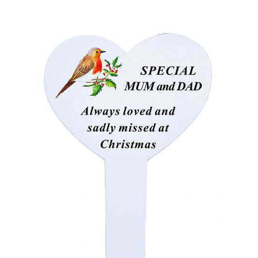 Mum and Dad Christmas Robin Memorial Heart Ground Stake
