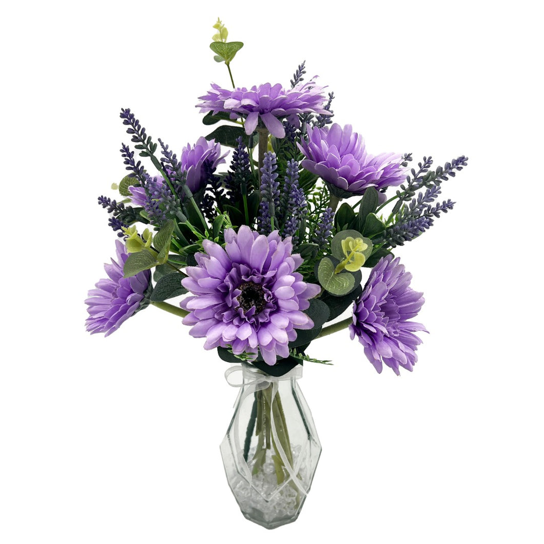 Lilac Purple Gerbera Artificial Flower Arrangement In Pretty Geometric Glass Vase (41cm)