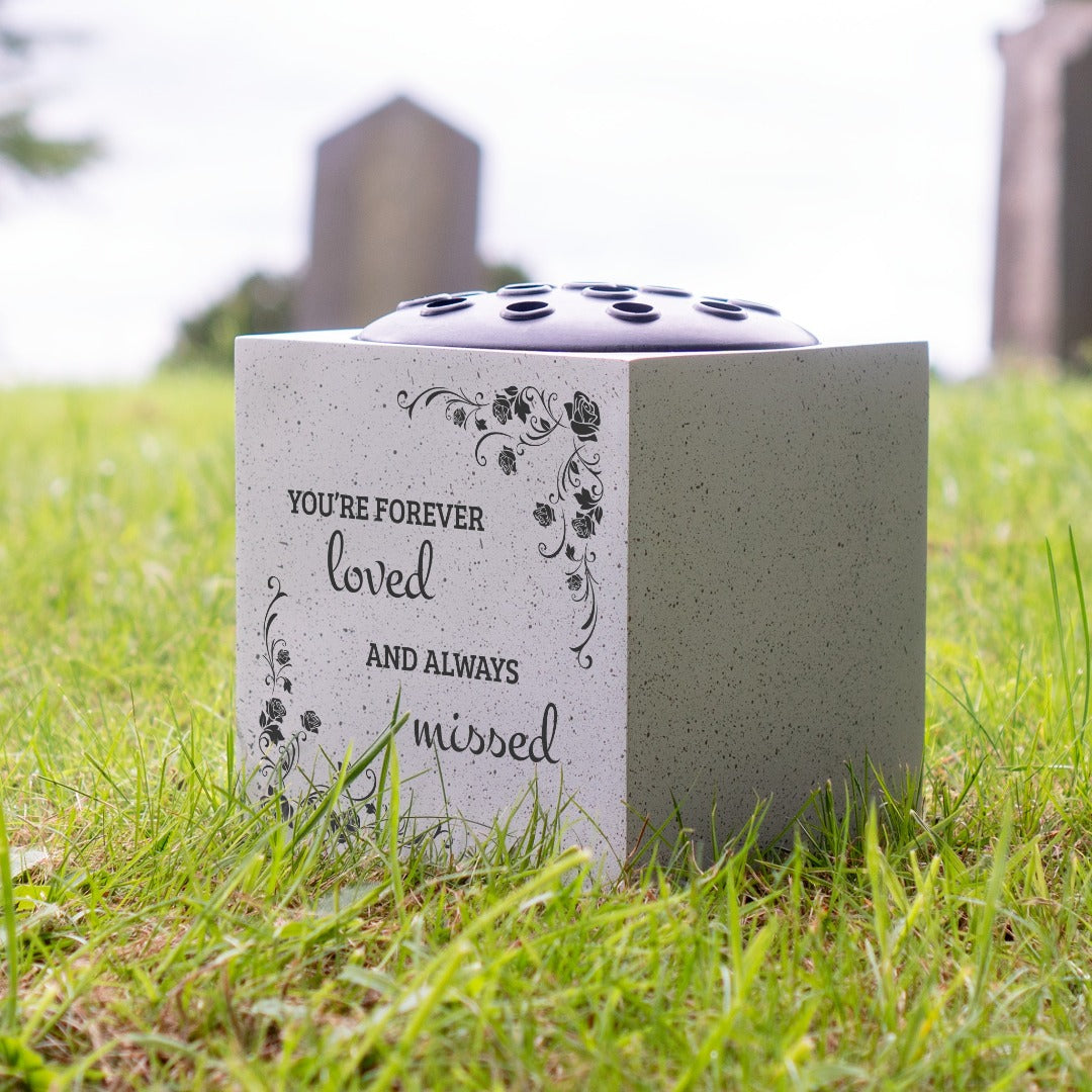 Forever Loved and Always Missed Memorial Graveside White Flower Bowl Vase Pot