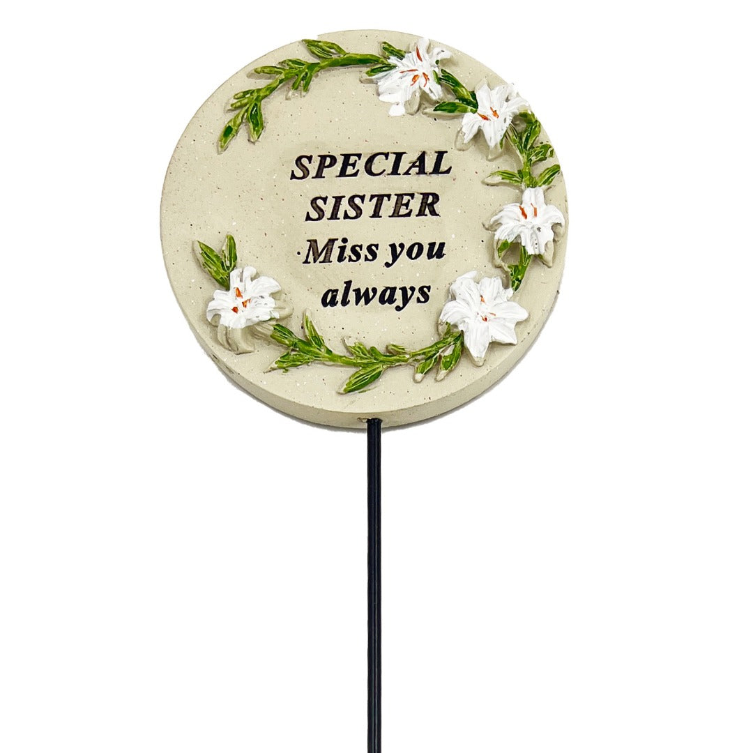 Sister memorial tribute stick for the graveside front view