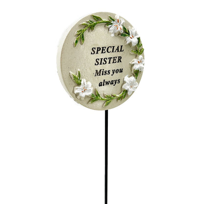 Sister memorial tribute stick for the graveside close up