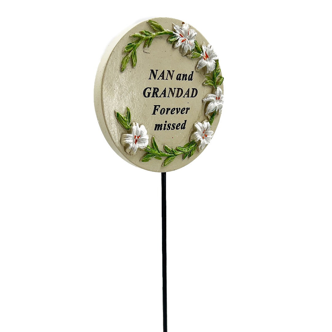 Nan and Grandad lily circle memorial tribute stick front view