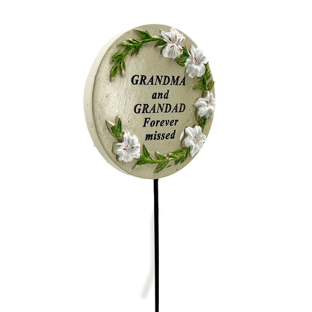 Grandma and Grandad lily circle memorial tribute stick front view