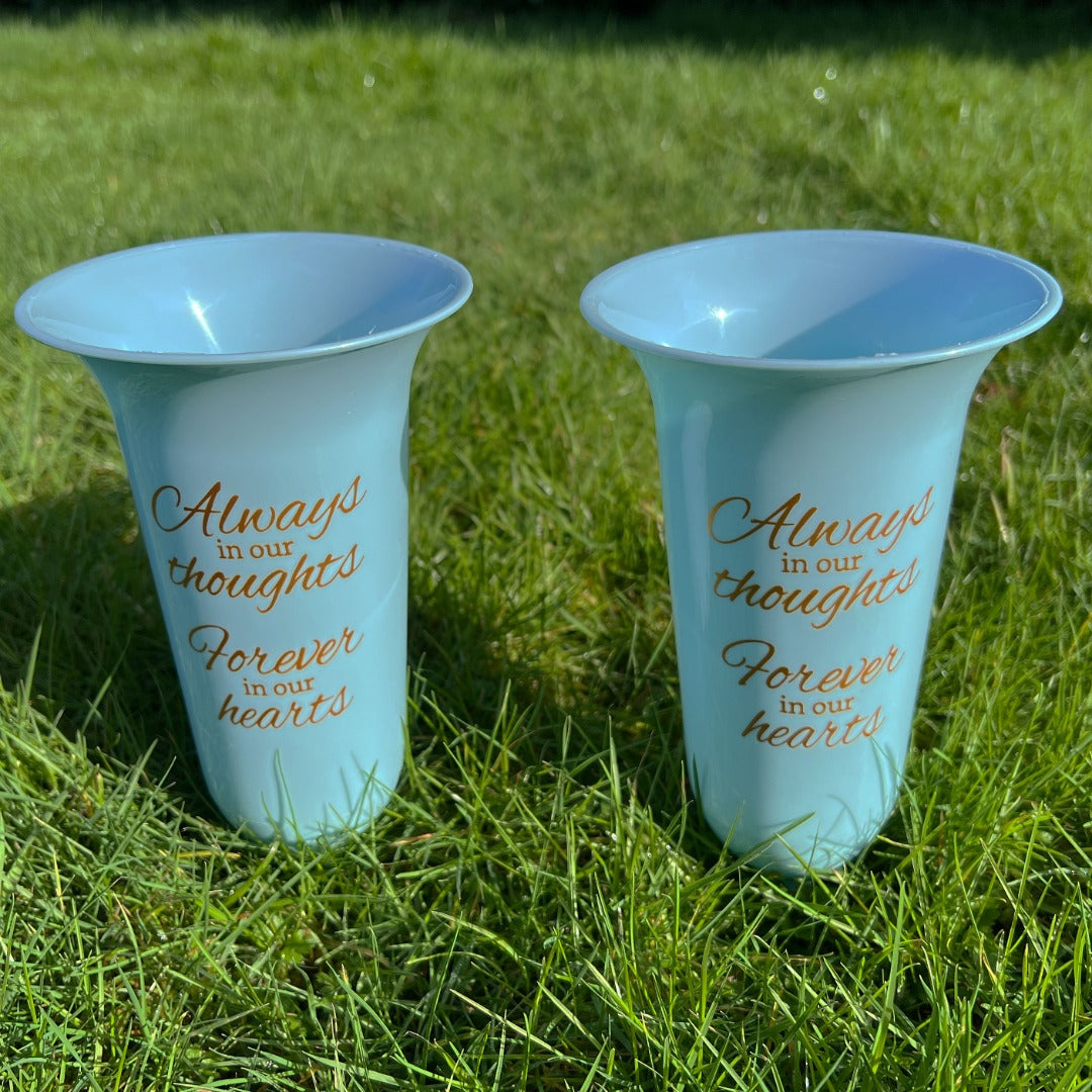 Set of 2 Baby Blue and Gold Forever in Our Hearts Fluted Spiked Memorial Grave Flower Vases