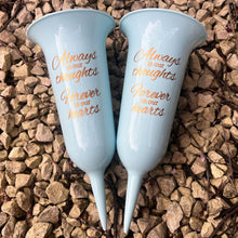 Load image into Gallery viewer, Set of 2 Baby Blue and Gold Forever in Our Hearts Fluted Spiked Memorial Grave Flower Vases