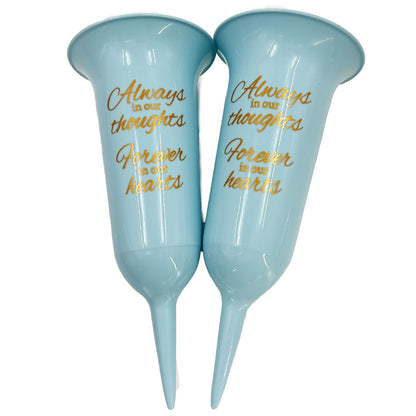 Set of 2 Baby Blue and Gold Forever in Our Hearts Fluted Spiked Memorial Grave Flower Vases