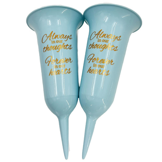 Set of 2 Baby Blue and Gold Forever in Our Hearts Fluted Spiked Memorial Grave Flower Vases