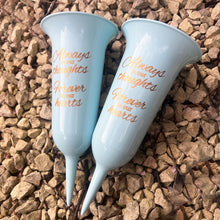 Load image into Gallery viewer, Set of 2 Baby Blue and Gold Forever in Our Hearts Fluted Spiked Memorial Grave Flower Vases