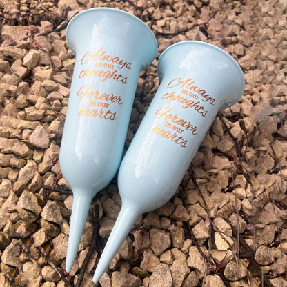 Set of 2 Baby Blue and Gold Forever in Our Hearts Fluted Spiked Memorial Grave Flower Vases