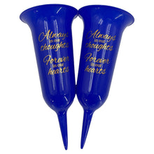 Load image into Gallery viewer, Set of 2 Football Blue Forever in Our Hearts Fluted Spiked Memorial Grave Flower Vases