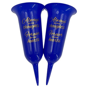 Set of 2 Football Blue Forever in Our Hearts Fluted Spiked Memorial Grave Flower Vases