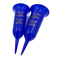 Load image into Gallery viewer, Set of 2 Football Blue Forever in Our Hearts Fluted Spiked Memorial Grave Flower Vases