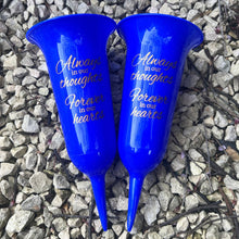 Load image into Gallery viewer, Set of 2 Football Blue Forever in Our Hearts Fluted Spiked Memorial Grave Flower Vases