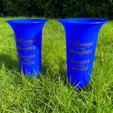 Load image into Gallery viewer, Set of 2 Football Blue Forever in Our Hearts Fluted Spiked Memorial Grave Flower Vases