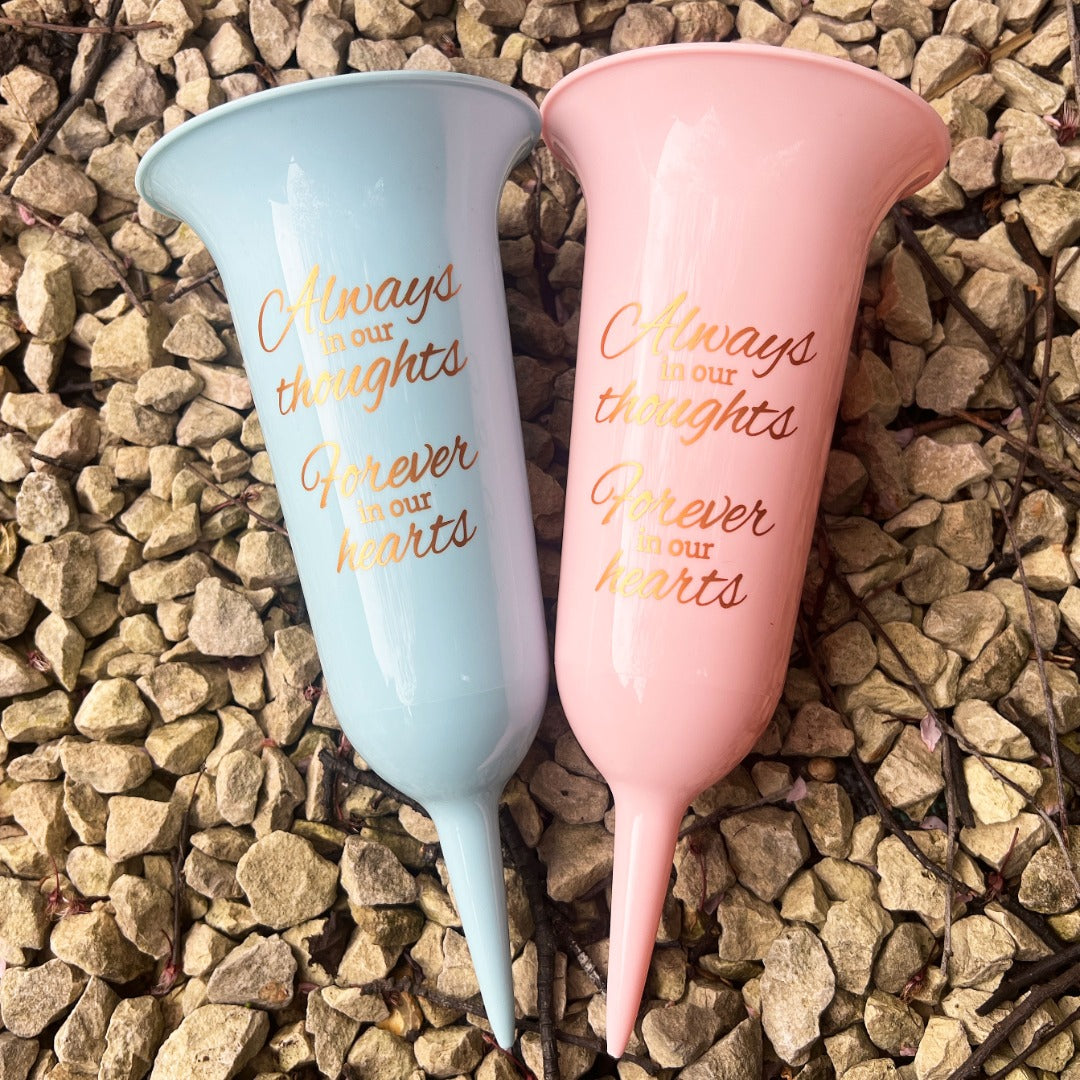 Baby Blue and Pink Set of 2 Forever in Our Hearts Fluted Spiked Memorial Grave Flower Vases