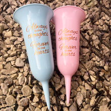 Load image into Gallery viewer, Baby Blue and Pink Set of 2 Forever in Our Hearts Fluted Spiked Memorial Grave Flower Vases