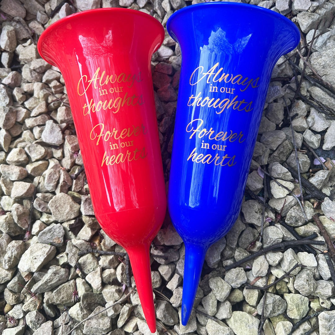 Red and blue fluted spiked memorial grave vases set of 2 close up